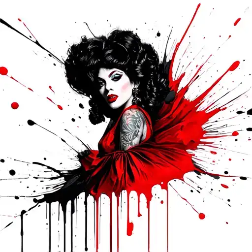 alf-profile portrait of Cruella in red-black dress melting into abstract brushstrokes tattoo design idea