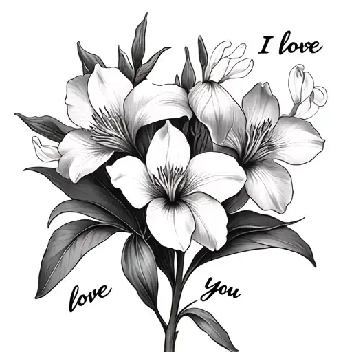 iris flower and clematis flower with i love you in the stem tattoo design idea
