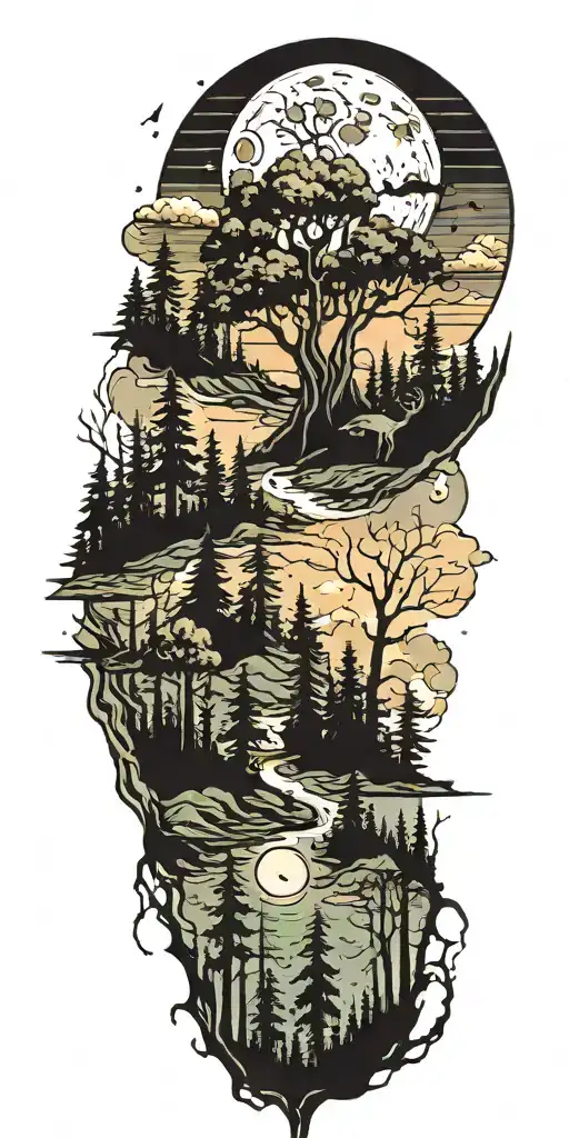 massive forest landscape with huge moon in the background  tattoo design idea