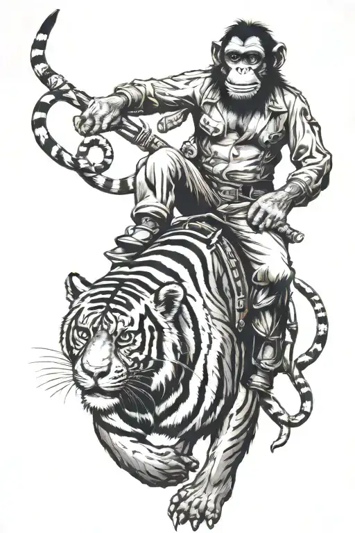 chimpanze riding on a bengal tiger tattoo design idea
