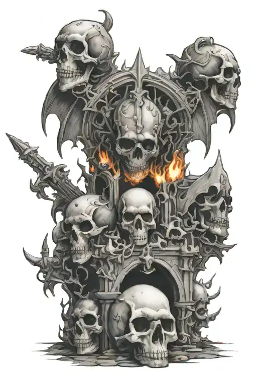 gothic death knights, skulls and bones, burning castle  tattoo design idea