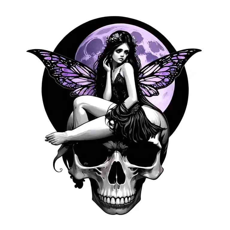 fairy sitting on a skull with purple moon backdrop tattoo design idea