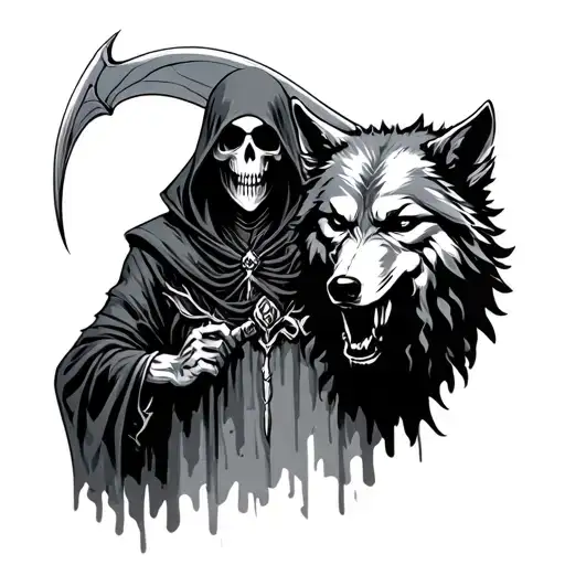 grim reaper with wolf head and scythe tattoo design idea