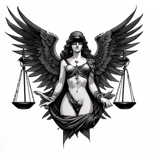 A black and grey Neo-Traditional full back tattoo featuring the Lady of Justice in the center, blindfolded, tattoo design idea