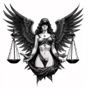 A black and grey Neo-Traditional full back tattoo featuring the Lady of Justice in the center, blindfolded, tattoo design idea