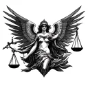 A black and grey Neo-Traditional full back tattoo featuring the Lady of Justice in the center, blindfolded, tattoo design idea