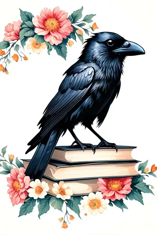 raven perched on books written by edgar allen poe with flowers surrounding the full image tattoo design idea