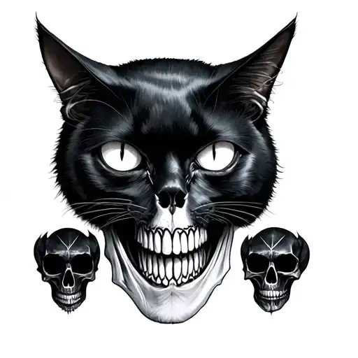 black cat with skull on the right, white eyes, possessed, gothic, head and front legs realistic, dark, tattoo design idea