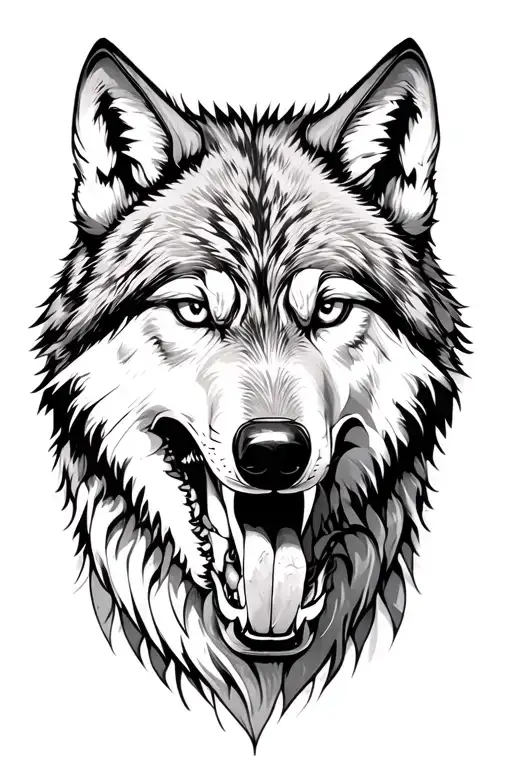 wolf biting into arm sleeve tattoo design idea