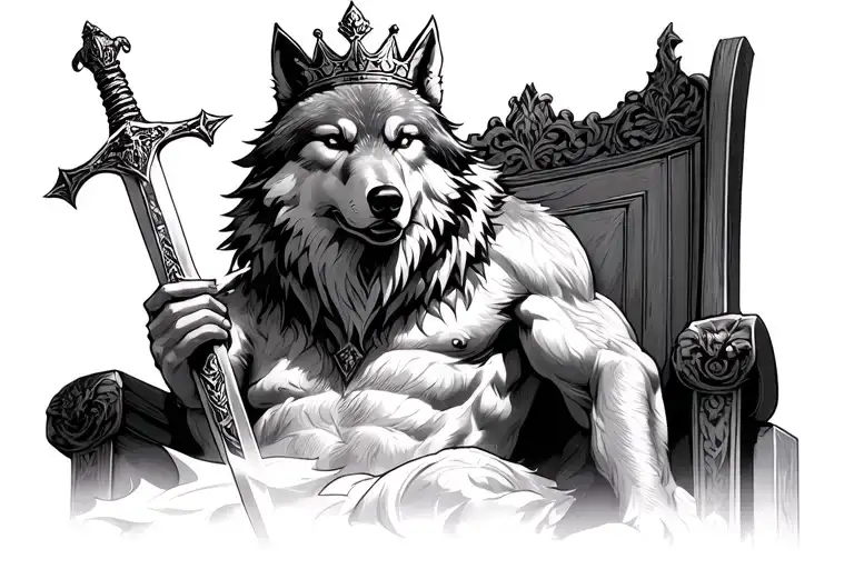 wolf on a throne wearing a crown holding a sword tattoo design idea