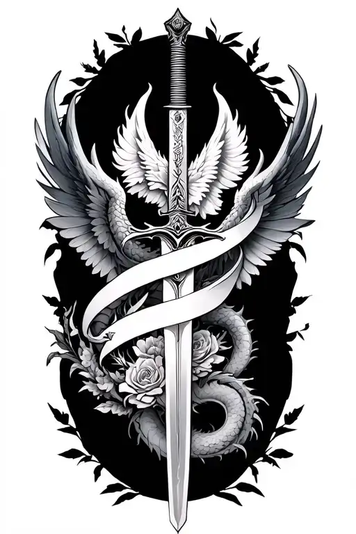 sword with winged dragon wrapped around floral tattoo design idea