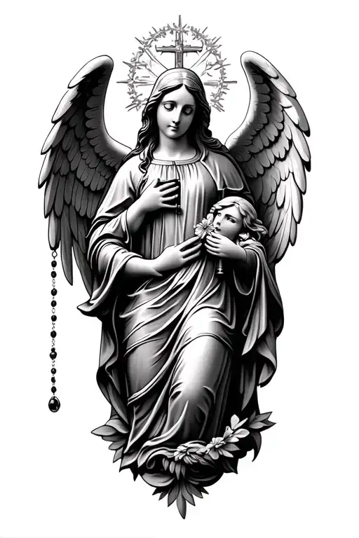 cherub angel virgin mary and rosary tattoo design idea