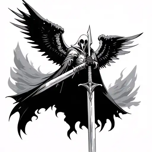 Tyrael from Diablo style forearm tattoo, black and white. Tyrael is holding his sword and his wings are exposed. tattoo design idea