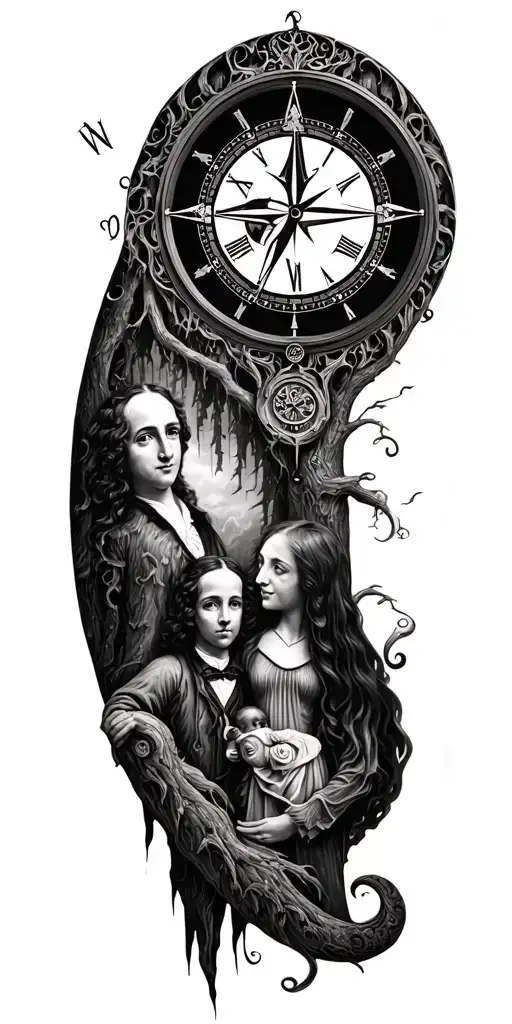 salvador dali clock with compass and forest and family tattoo design idea