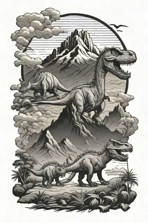 dinosaurs mountains landscapes tattoo design idea