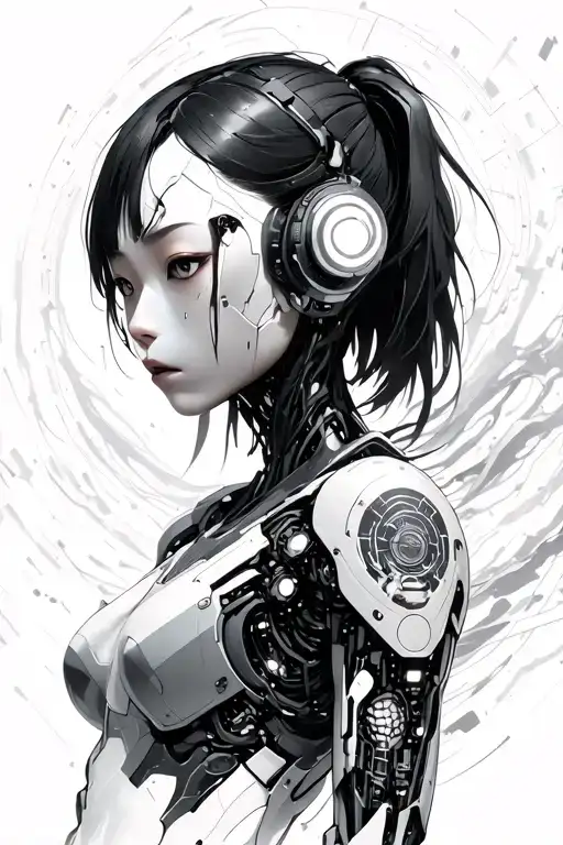 Ghost in the Shell inspired realistic cyborg character with visible tech implants, surrounded by flowing data streams tattoo design idea