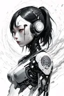Ghost in the Shell inspired realistic cyborg character with visible tech implants, surrounded by flowing data streams tattoo design idea