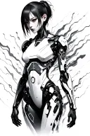 Ghost in the Shell inspired realistic cyborg character with visible tech implants, surrounded by flowing data streams tattoo design idea