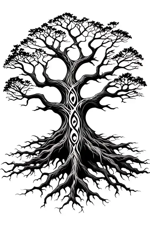 yggdrasil world tree with wide branches stretching towards the sky tattoo design idea