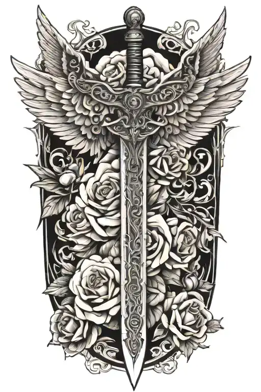 angel wings behind sword, roses tattoo design idea