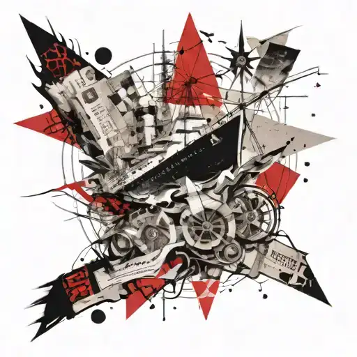 a ship in the style of trash polka, behind the ship a wind rose and newspaper clippings tattoo design idea