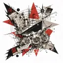 a ship in the style of trash polka, behind the ship a wind rose and newspaper clippings tattoo design idea