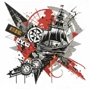 a ship in the style of trash polka, behind the ship a wind rose and newspaper clippings tattoo design idea