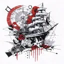 a ship in the style of trash polka, behind the ship a wind rose and newspaper clippings tattoo design idea