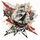 a ship in the style of trash polka, behind the ship a wind rose and newspaper clippings tattoo design idea