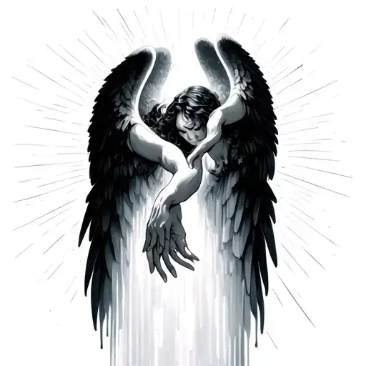 lost love ones hands reaching down. ray of light. fallen angels  tattoo design idea