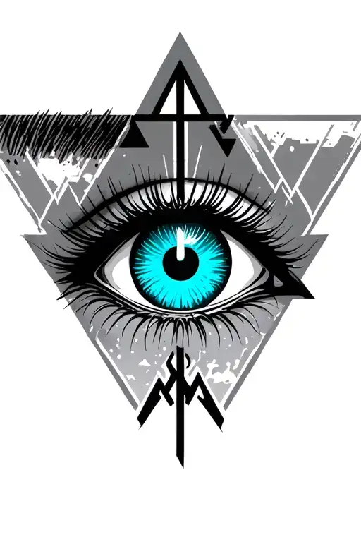 No brow, Feminine Eye, minimal sky blue highlights in the iris. Dark outline, bitcoin logo, Encompassed by Triangle tattoo design idea