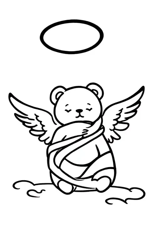 sleeping teddy bear with halo and angel wings wrapped tattoo design idea