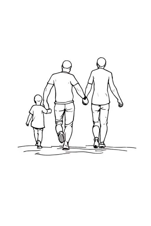 dad walkin with two child holding hands tattoo design idea