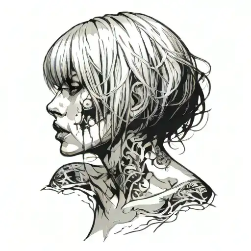Sexy girl, Huge cleavage, petite, torn clothing, short white bob hairstyle, side view tattoo design idea