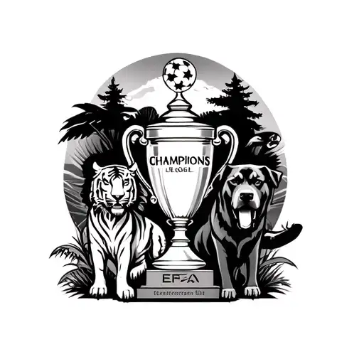 uefa champions league trophy, with a tiger, eagle, wolf and a Rottweiler in jungle with trees a sunshine  tattoo design idea