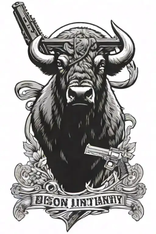 Bison head and army Infantry cross rifle crossed tattoo design idea