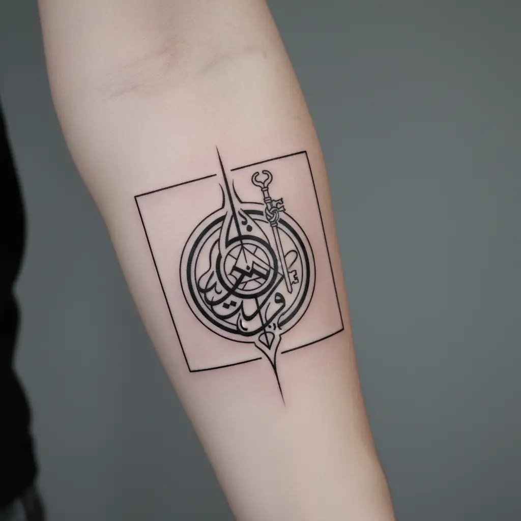 A minimalist tattoo of a key with Arabic script inside, symbolizing the keys to Palestine and Lebanon tattoo design idea