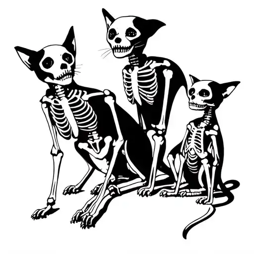 three skeleton dogs and two skeleton cats playing tattoo design idea