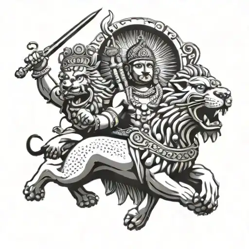 muruga with thanjavur temple with spartans fighting alongside lion tattoo design idea