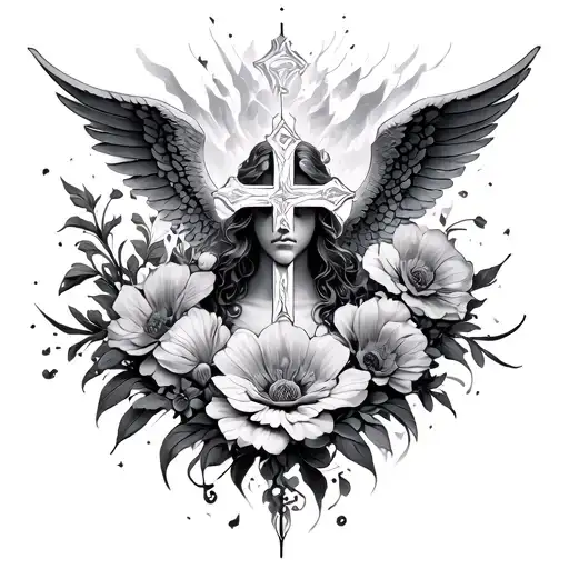 cross flowers angels vs demons tattoo design idea