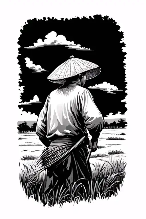 old Chinese farmer working in field facing away tattoo design idea