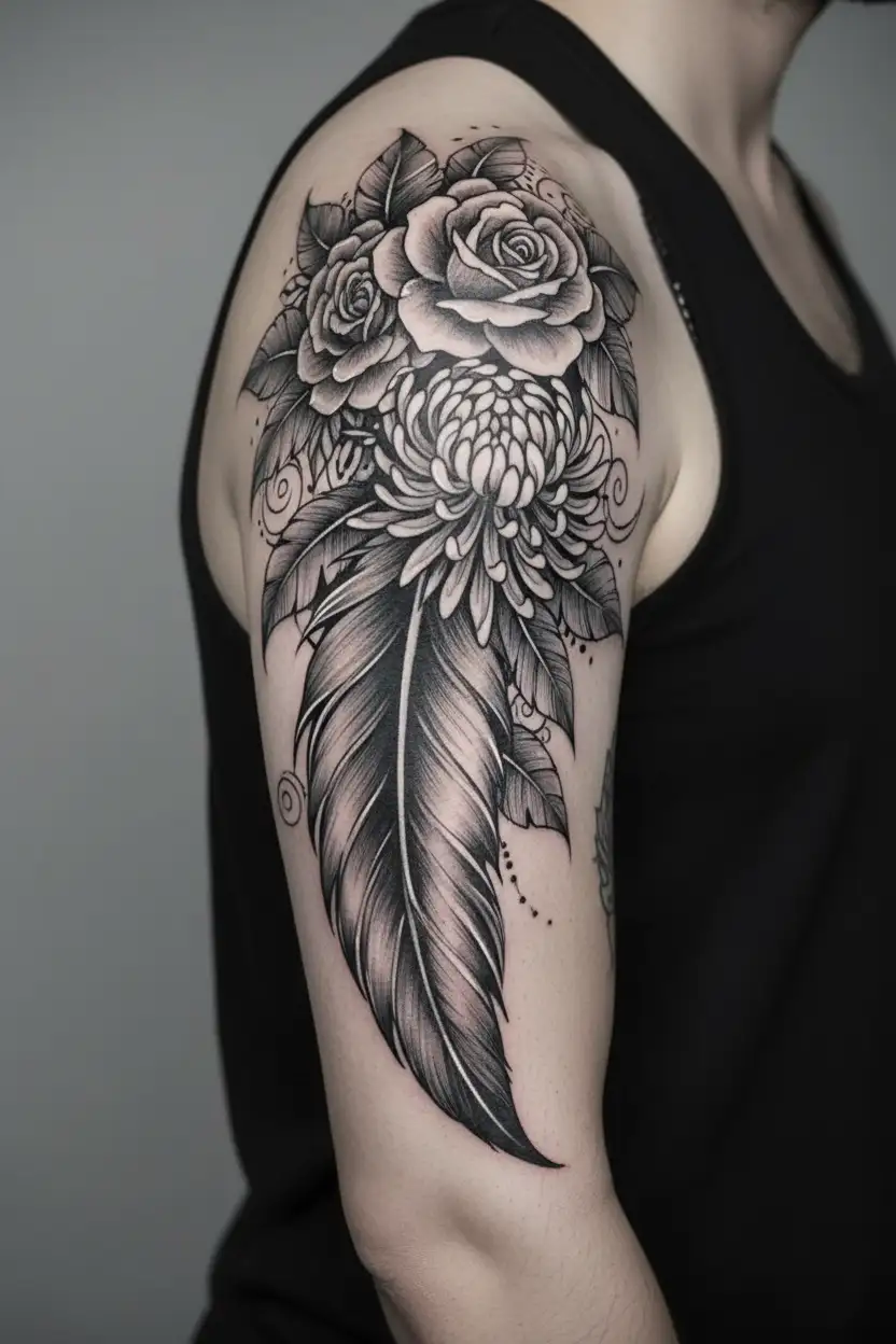 self-love with feather with stars and flower tattoo design idea