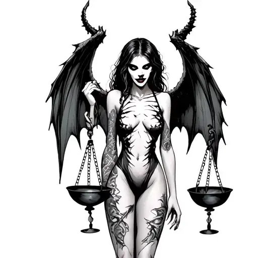 A scary full-length girl in a ripped sexy dress with demon wings, who holds scales with bowls in her right hand tattoo design idea