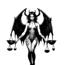 A scary full-length girl in a ripped sexy dress with demon wings, who holds scales with bowls in her right hand tattoo design idea