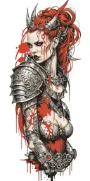 Create a tattoo design of a female vampire warrior adorned with Viking armor and weapons, showcasing a unique fusion of two powerful themes tattoo design idea