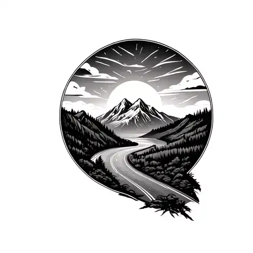 Black And White Graphic Tattoo Round Shape Road In The Mountains Sunset Tattoo tattoo design idea