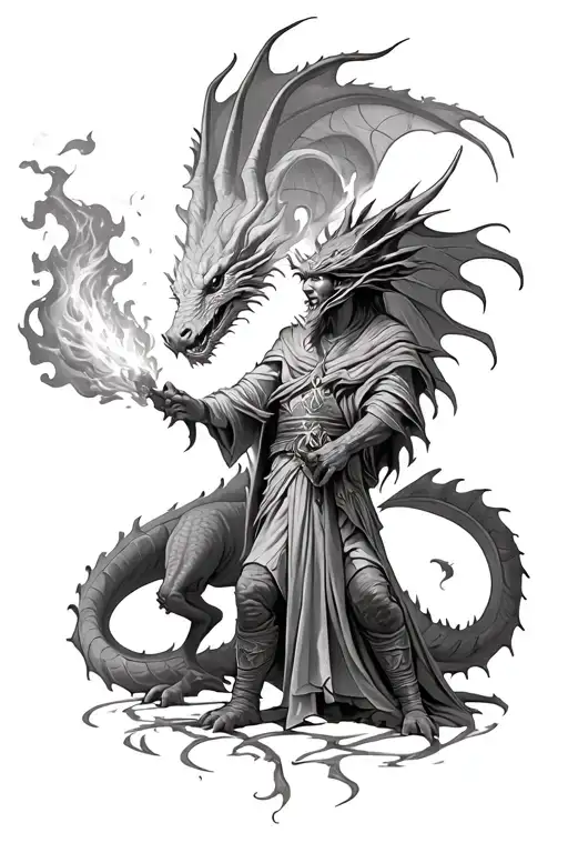 Wizard shielding them from dragon breathing fire tattoo design idea