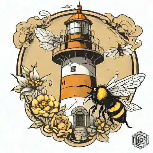 lighthouse and bumblebee flying tattoo design idea