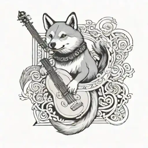 A Shiba inu playing a lyre inspired by Greek mythology tattoo design idea