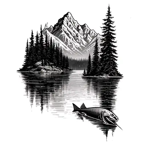 death metal,  high tatras mountains, with lake, in the middle of lake is Pike, and under the lake is forest tattoo design idea